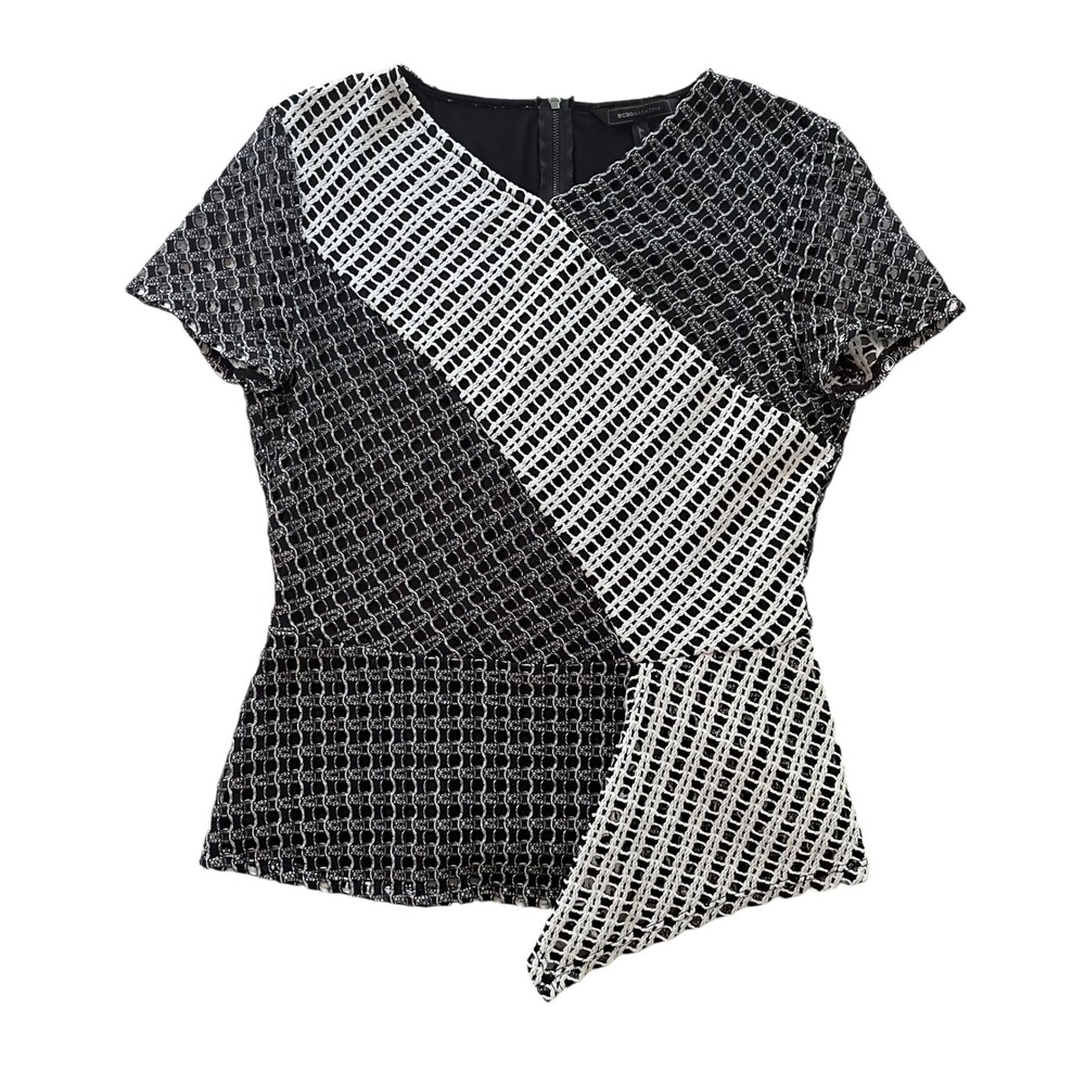 BCBGMAXAZRIA Women's M Black White Perforated Asymmetrical Party Cocktail Blouse